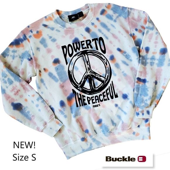 OBEY Graphic Sweatshirt Crew Pullover Tie Dye Pink Blue SMALL - Picture 3 of 13